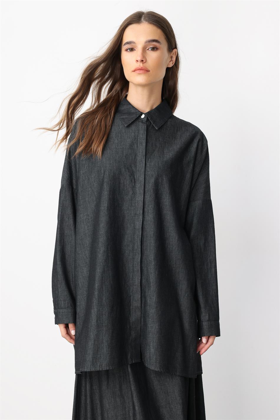 RC Collar met steentjes versierde dunne denim rok en tuniek set van 100% katoen - Zwart