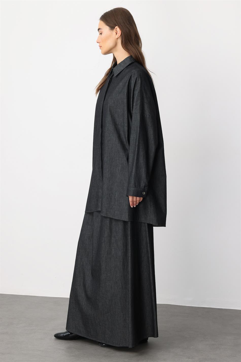 RC Collar met steentjes versierde dunne denim rok en tuniek set van 100% katoen - Zwart