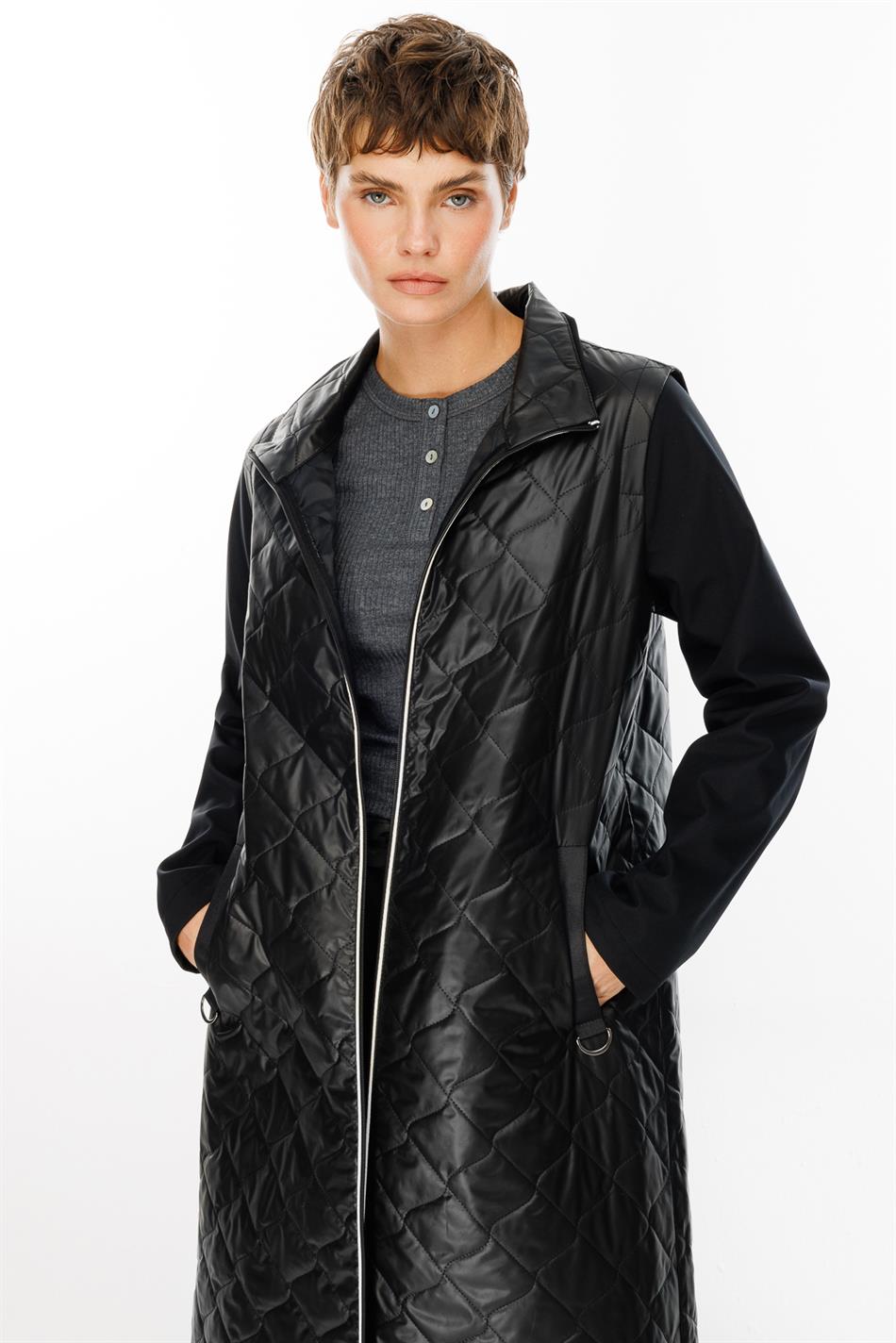 Rioy Quilted and Detailed Fabric Trench Coat - Black