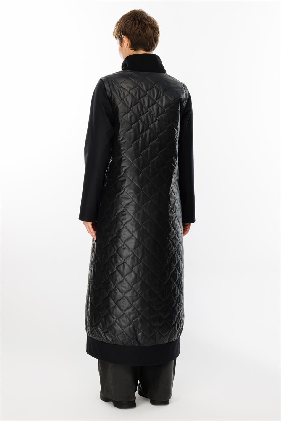 Rioy Quilted and Detailed Fabric Trench Coat - Black