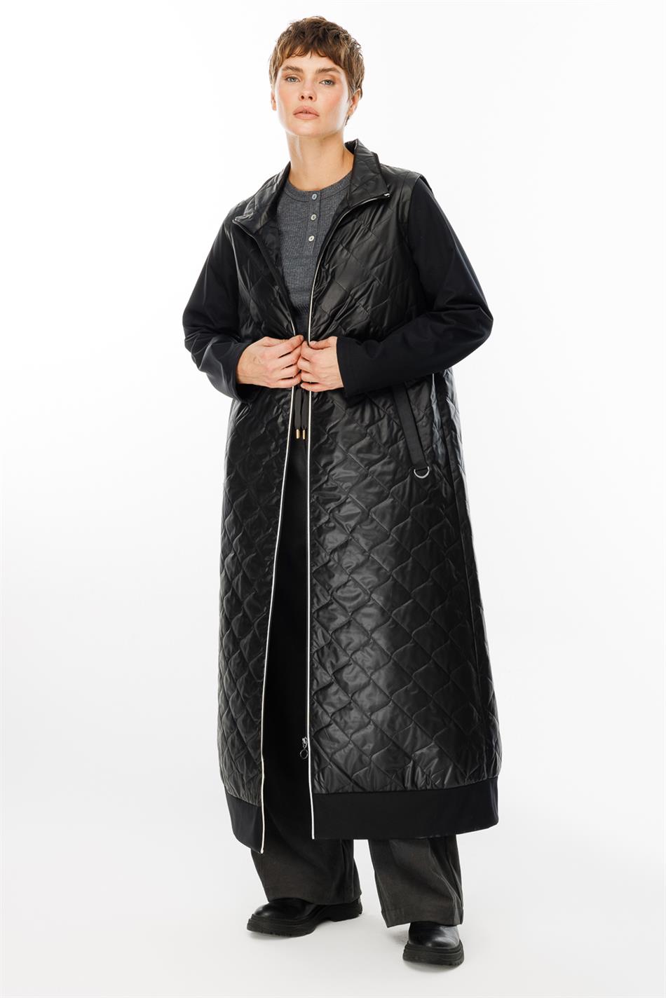 Rioy Quilted and Detailed Fabric Trench Coat - Black