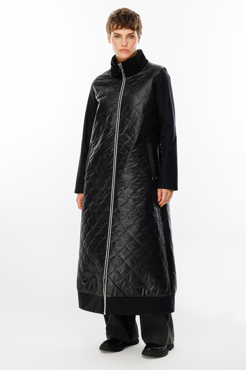 Rioy Quilted and Detailed Fabric Trench Coat - Black