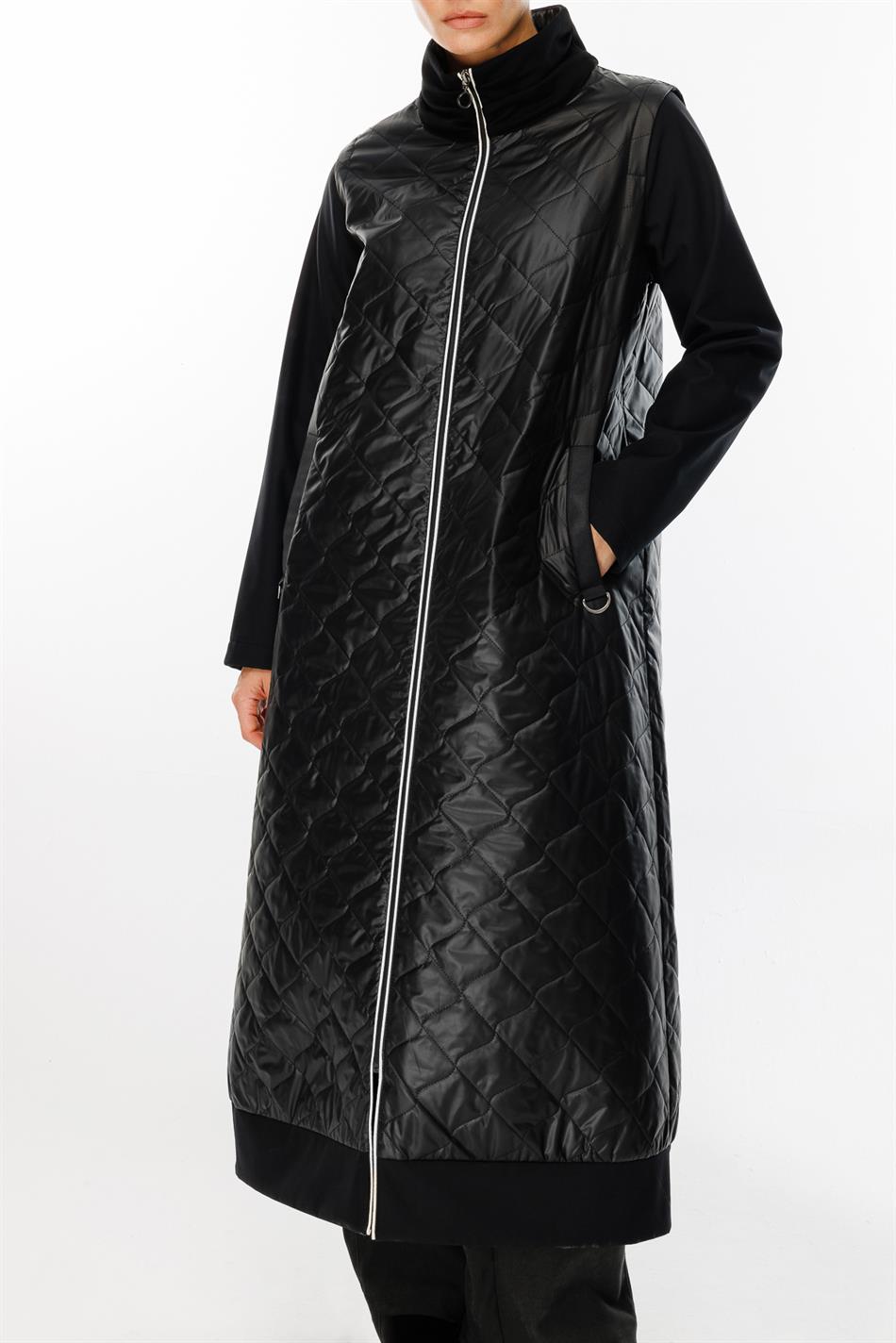 Rioy Quilted and Detailed Fabric Trench Coat - Black