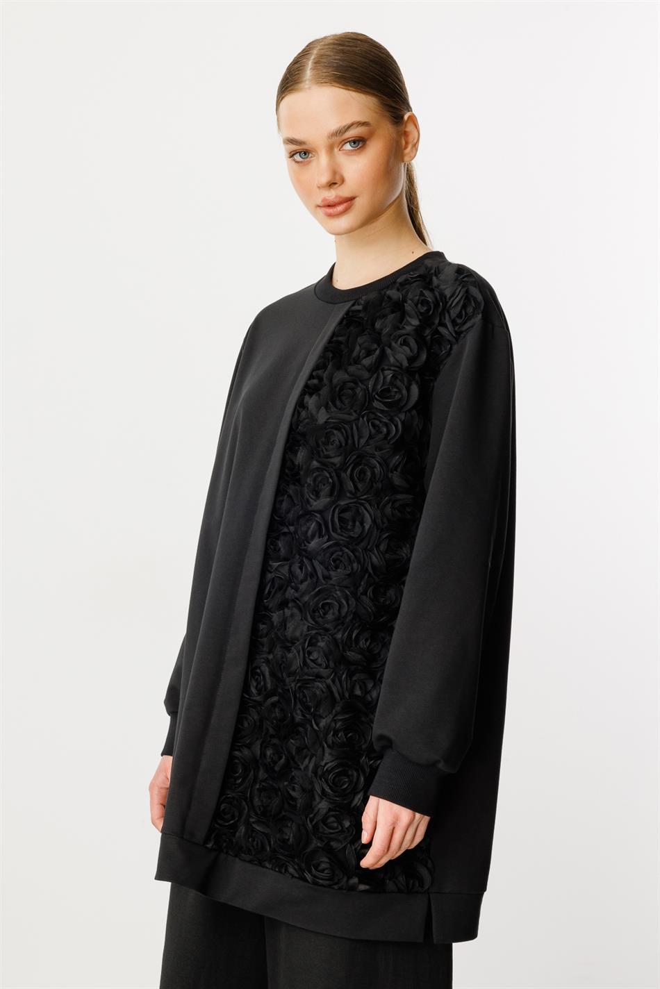 Rozy Feinstrickmantel/Tunika mit Stickereidetails – Schwarz