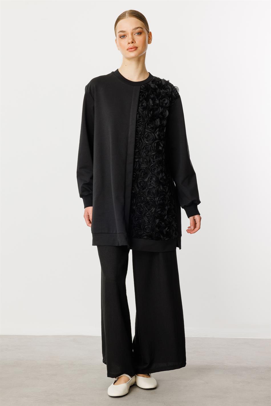 Rozy Feinstrickmantel/Tunika mit Stickereidetails – Schwarz