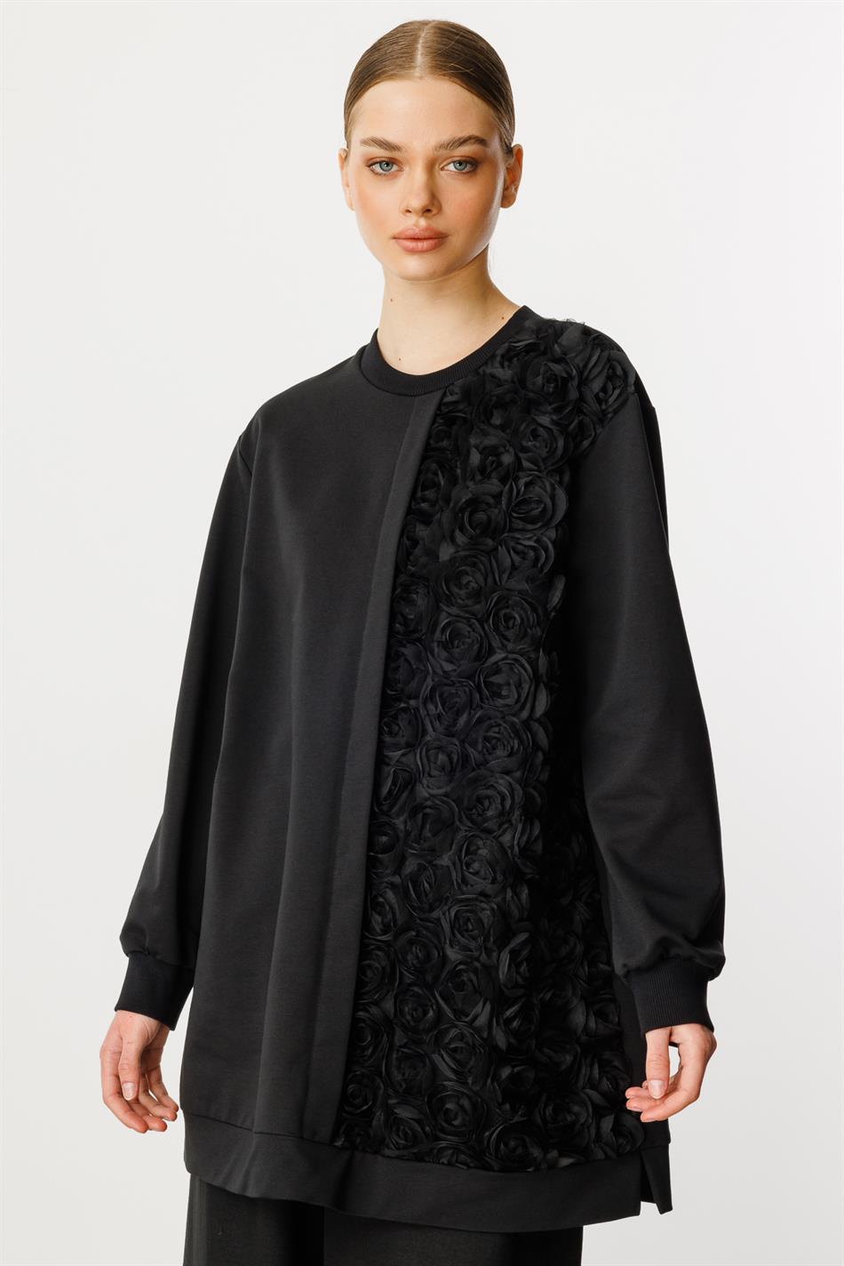 Rozy Feinstrickmantel/Tunika mit Stickereidetails – Schwarz