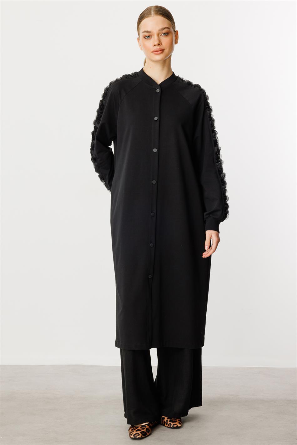 Rozza Kol İşlemeli Pamuk Karışımlı İnce Kap Ferace-Siyah