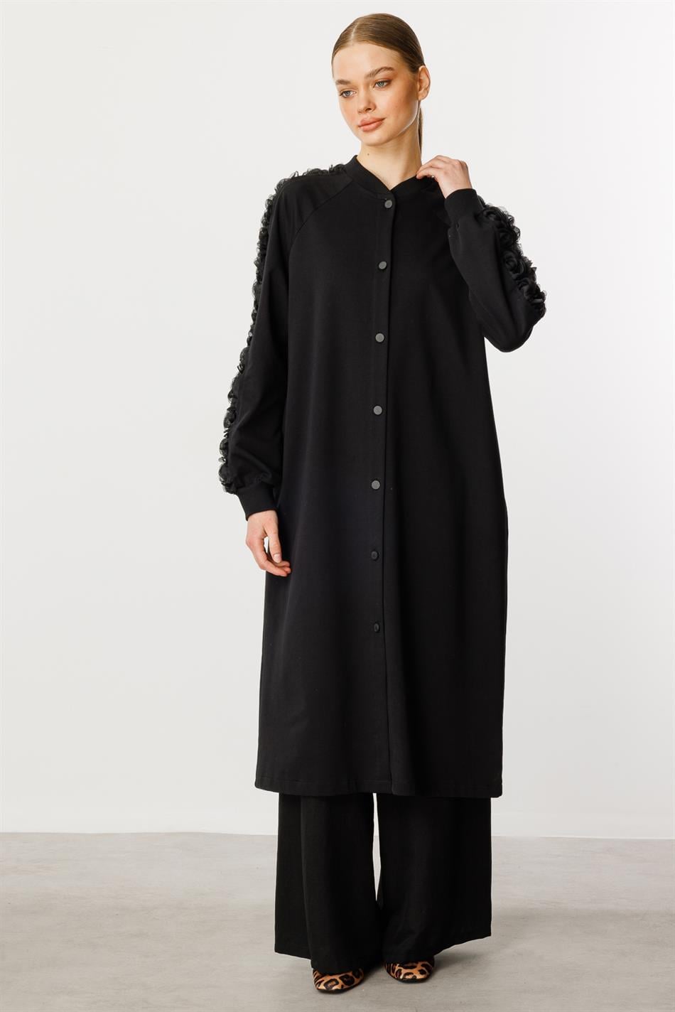 Rozza Kol İşlemeli Pamuk Karışımlı İnce Kap Ferace-Siyah