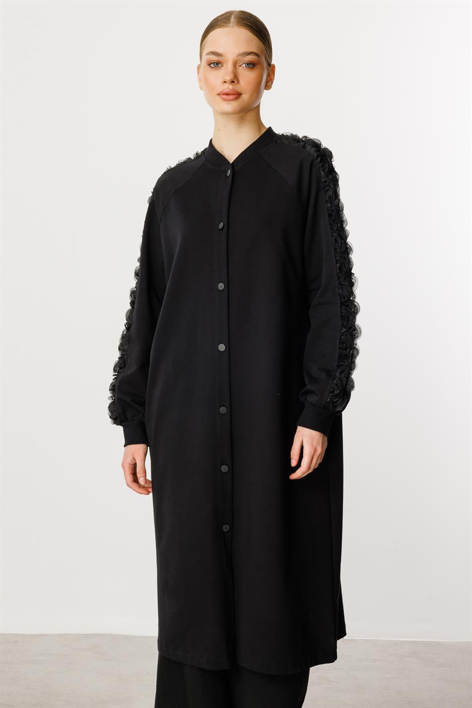 Rozza Kol İşlemeli Pamuk Karışımlı İnce Kap Ferace-Siyah