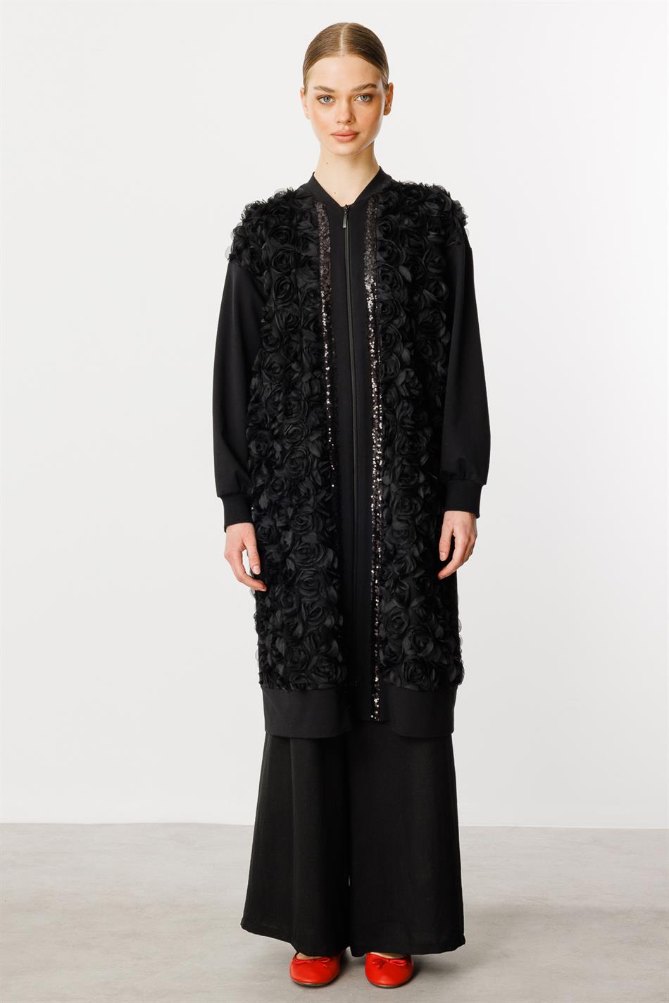 Rozzy geborduurde top/tuniek van fijne katoenmix, heupbedekkend - zwart