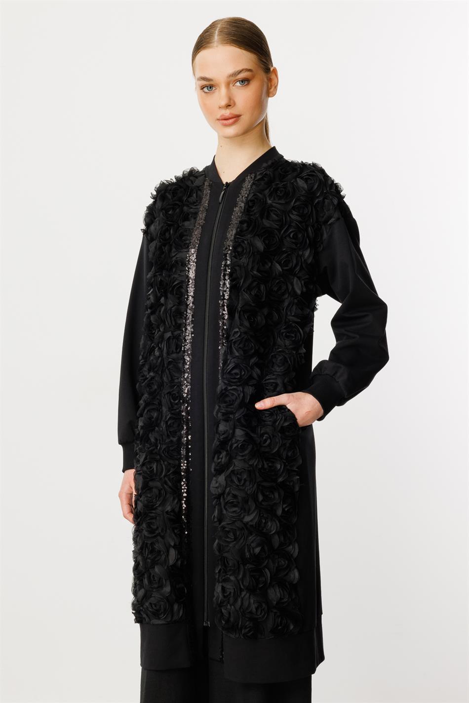 Rozzy geborduurde top/tuniek van fijne katoenmix, heupbedekkend - zwart