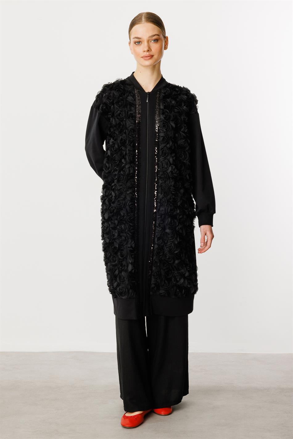 Rozzy geborduurde top/tuniek van fijne katoenmix, heupbedekkend - zwart