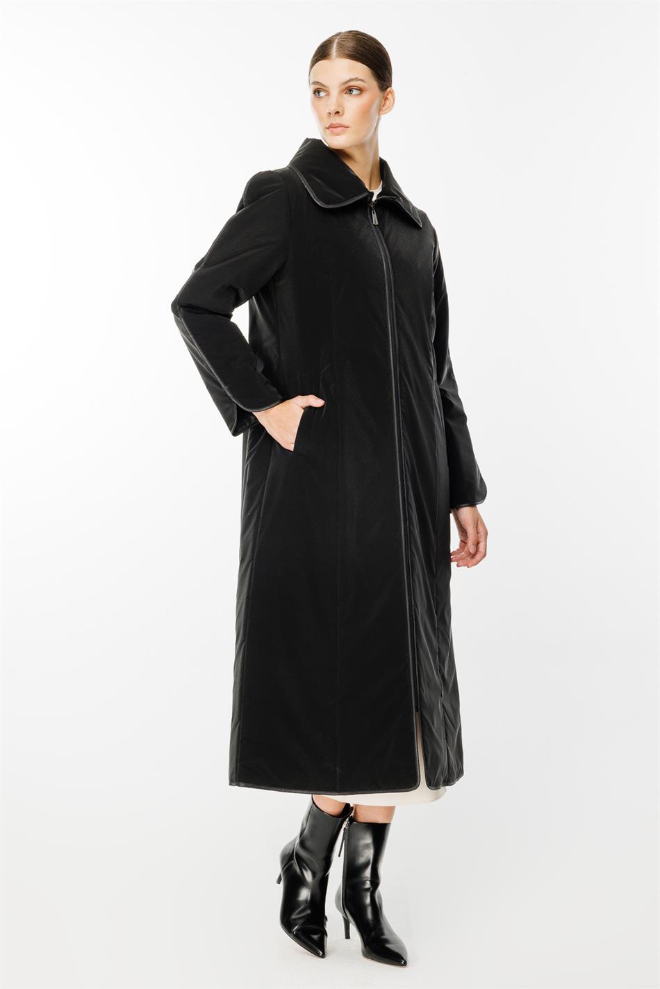 Yaqut Parça və Boru Kəməri Ətraflı, Liflə Doldurulmuş Zamansız Xüsusi Palto/Gödəkçə - Qara