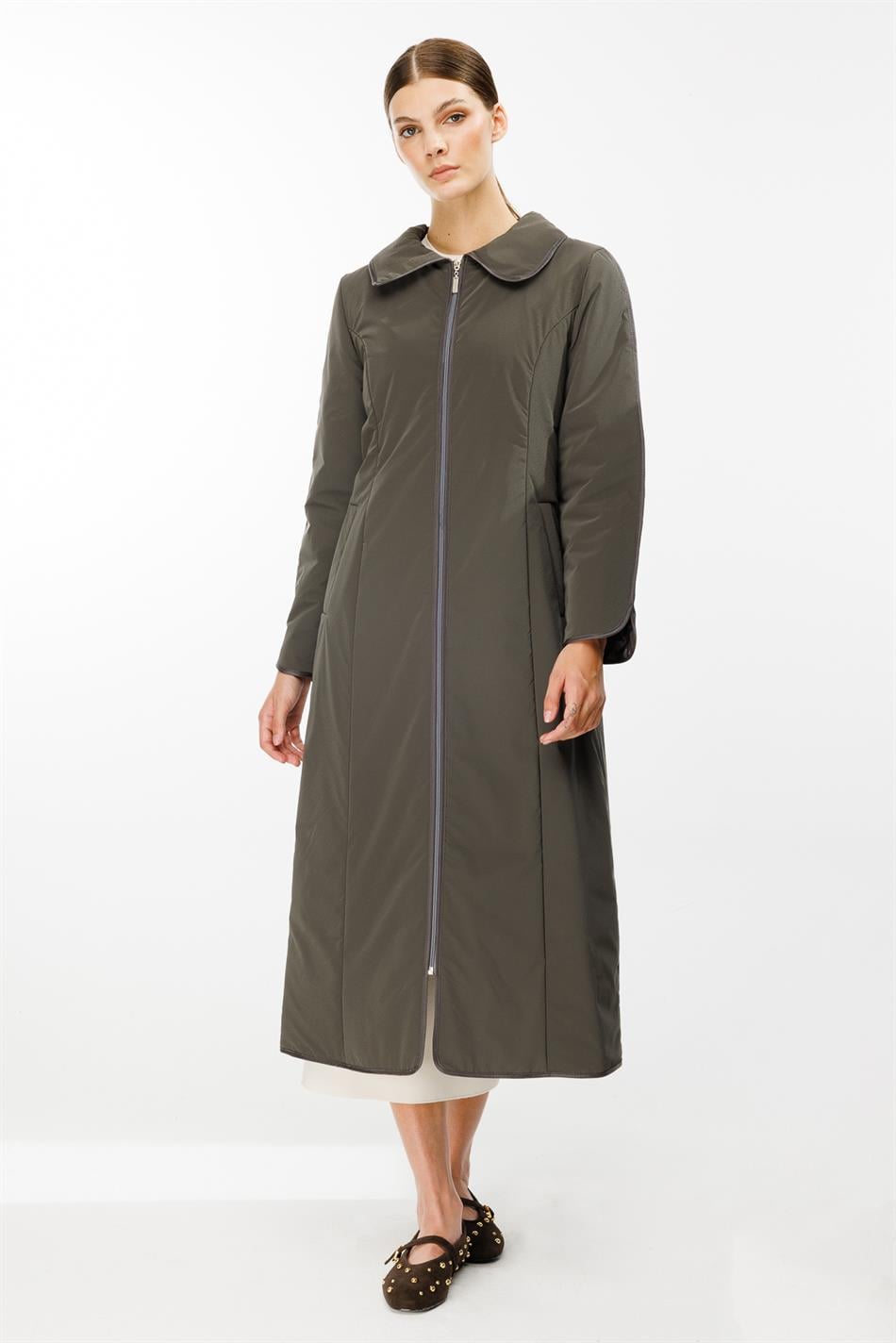 Ruby Fabric and Piping Detailed, Fiber-Filled Timeless Special Coat/Jacket - Smoke Grey (Anthracite)