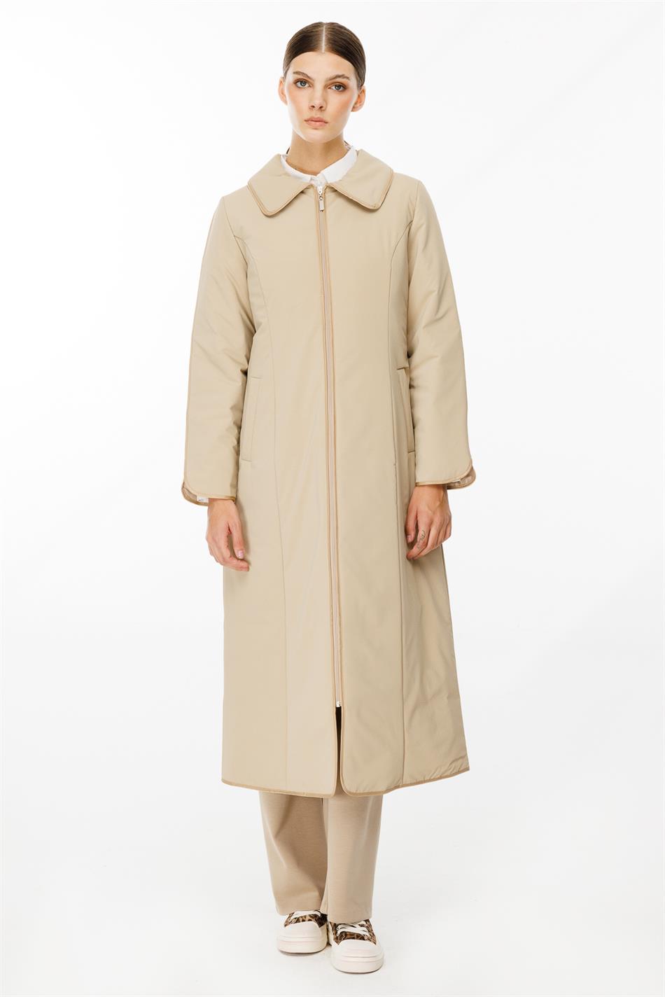 Ruby Fabric and Piping Detailed, Fiber-Filled Timeless Special Coat/Jacket - Stone