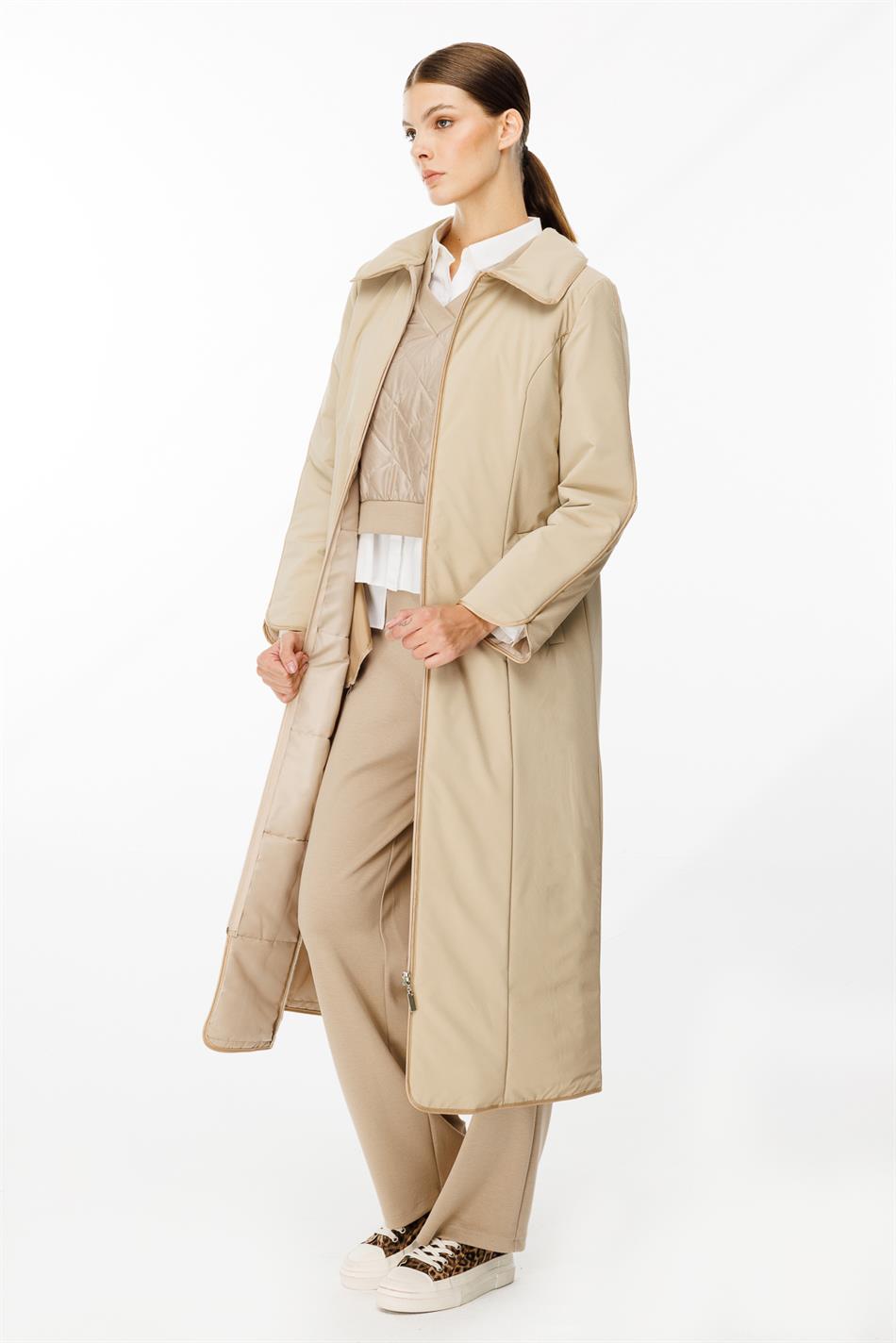 Ruby Fabric and Piping Detailed, Fiber-Filled Timeless Special Coat/Jacket - Stone