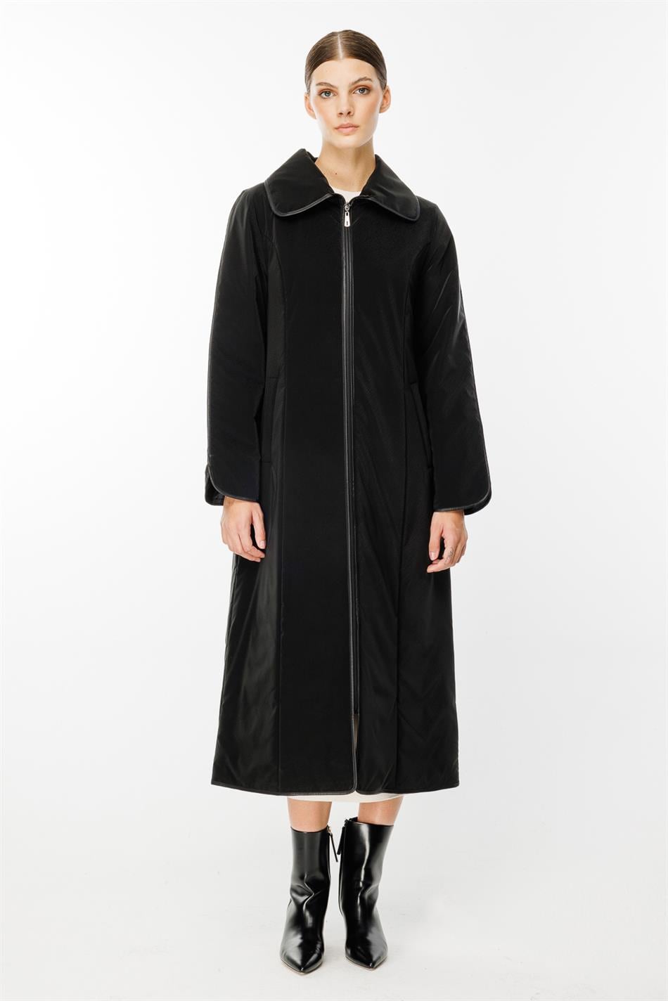 Yaqut Parça və Boru Kəməri Ətraflı, Liflə Doldurulmuş Zamansız Xüsusi Palto/Gödəkçə - Qara