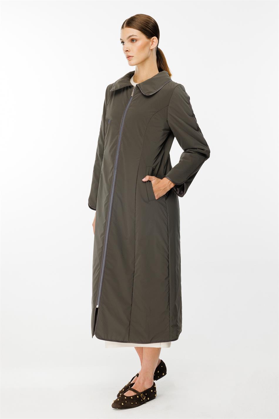 Ruby Fabric and Piping Detailed, Fiber-Filled Timeless Special Coat/Jacket - Smoke Grey (Anthracite)