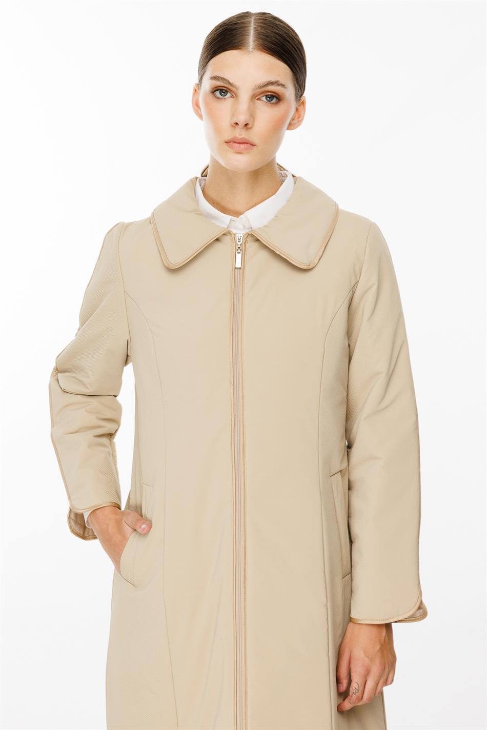 Ruby Fabric and Piping Detailed, Fiber-Filled Timeless Special Coat/Jacket - Stone