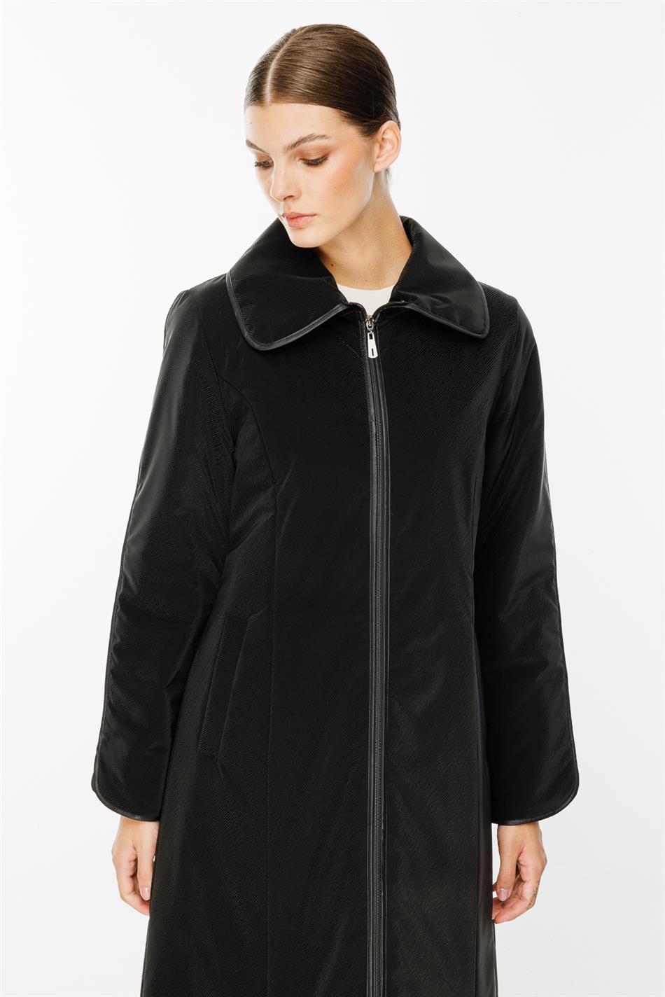 Yaqut Parça və Boru Kəməri Ətraflı, Liflə Doldurulmuş Zamansız Xüsusi Palto/Gödəkçə - Qara