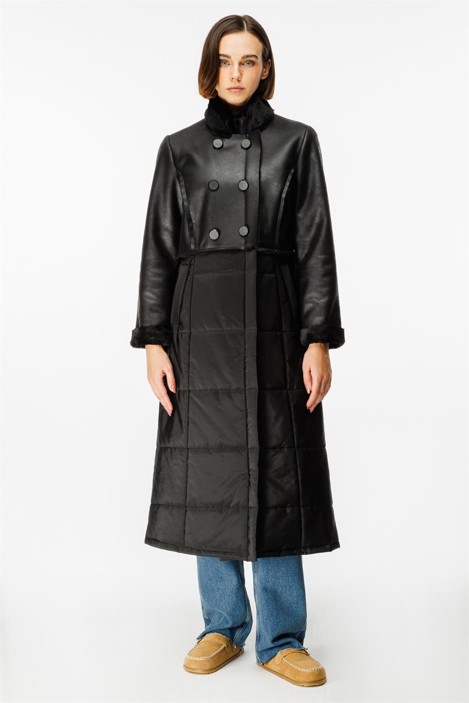 Ruul Soft Faux Fur Leather Quilted Padded Lower Body Winter Special Coat/Jacket - Black