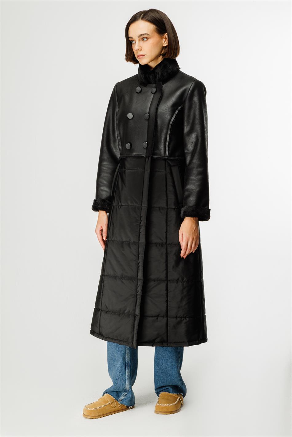 Ruul Soft Faux Fur Leather Quilted Padded Lower Body Winter Special Coat/Jacket - Black