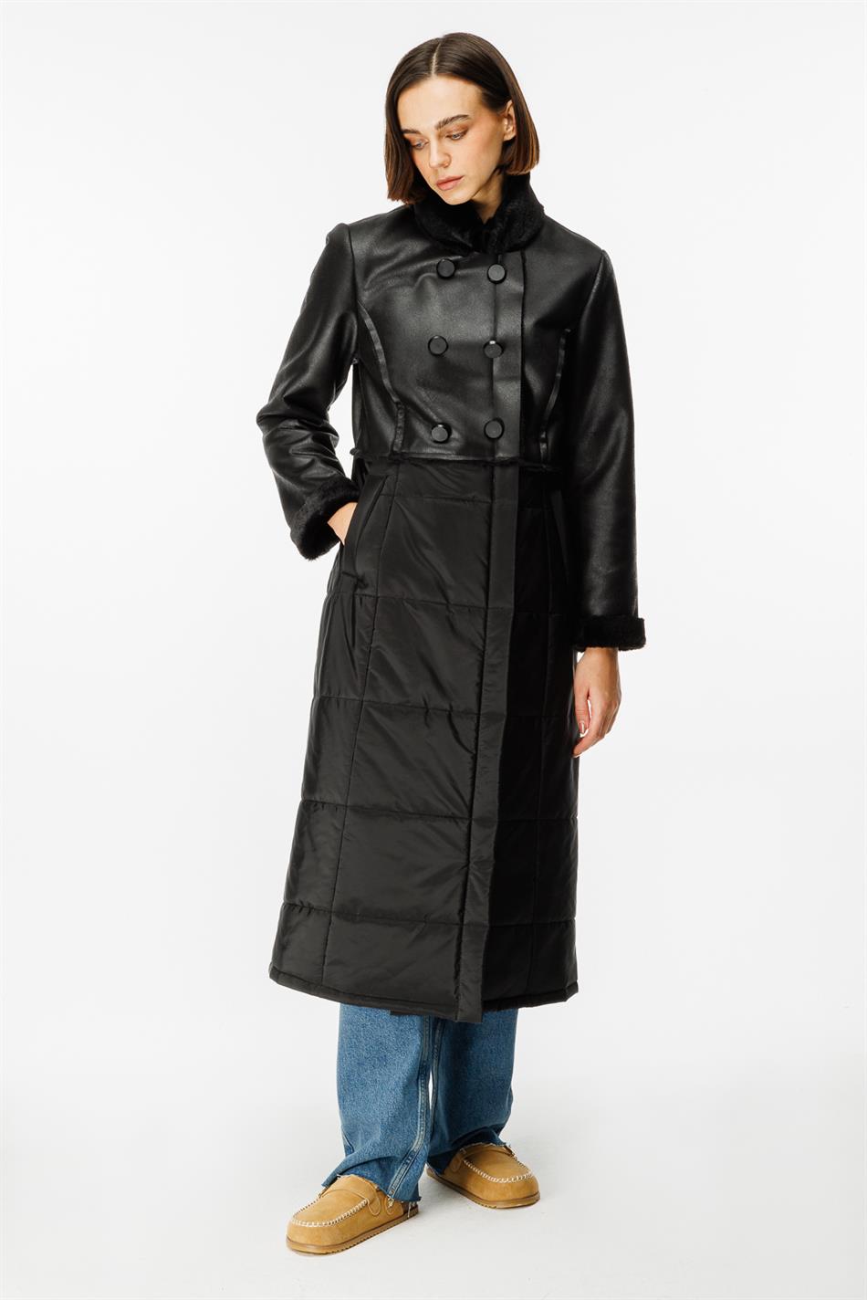 Ruul Soft Faux Fur Leather Quilted Padded Lower Body Winter Special Coat/Jacket - Black