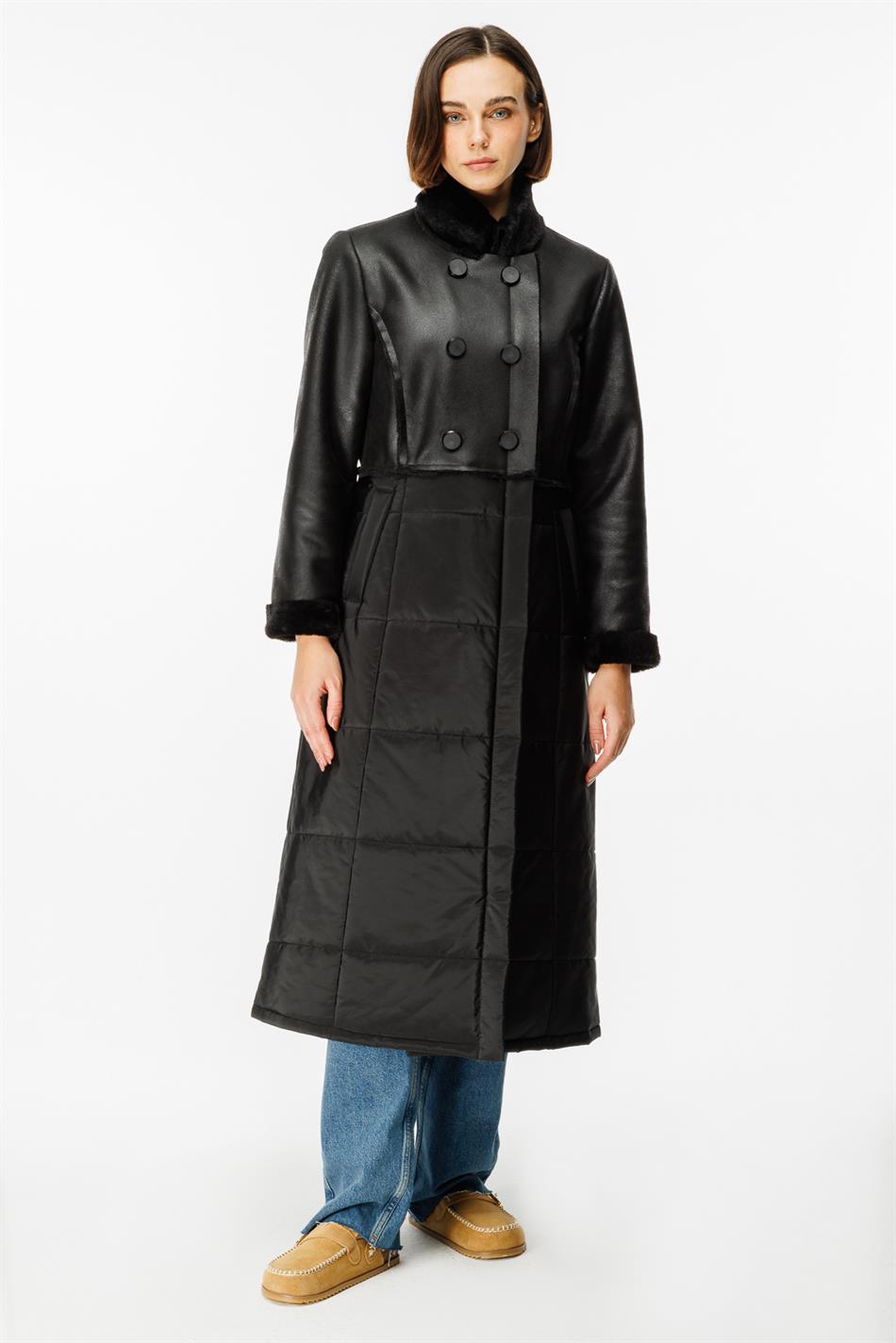 Ruul Soft Faux Fur Leather Quilted Padded Lower Body Winter Special Coat/Jacket - Black