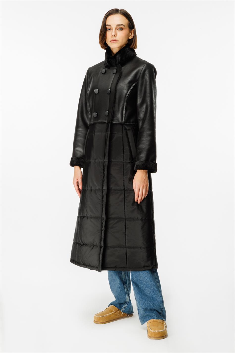 Ruul Soft Faux Fur Leather Quilted Padded Lower Body Winter Special Coat/Jacket - Black