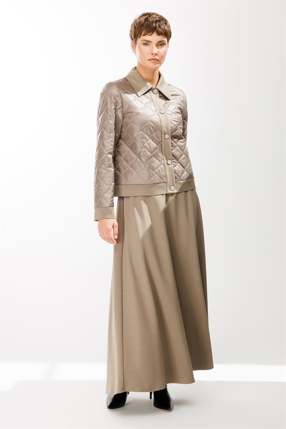 Şan Örme Kapitone Etek Ceket Kombinli Takım-Vizon