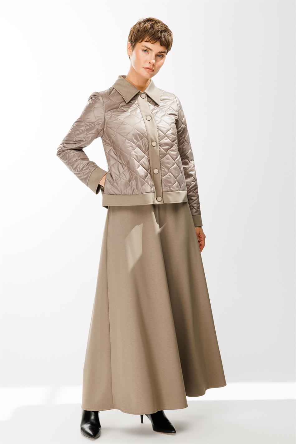 Şan Örme Kapitone Etek Ceket Kombinli Takım-Vizon