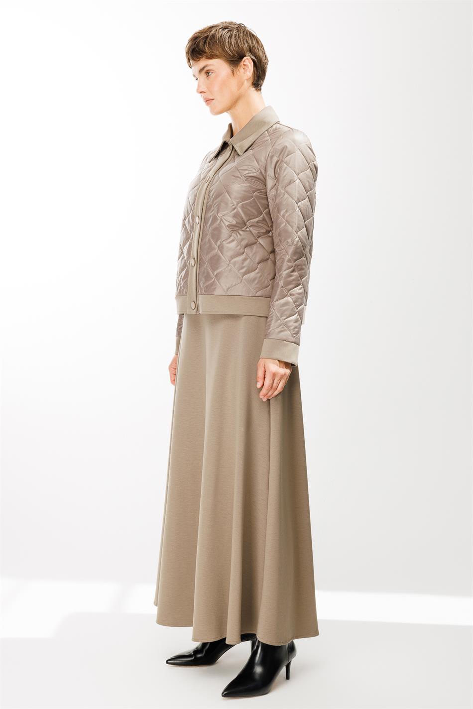 Şan Örme Kapitone Etek Ceket Kombinli Takım-Vizon