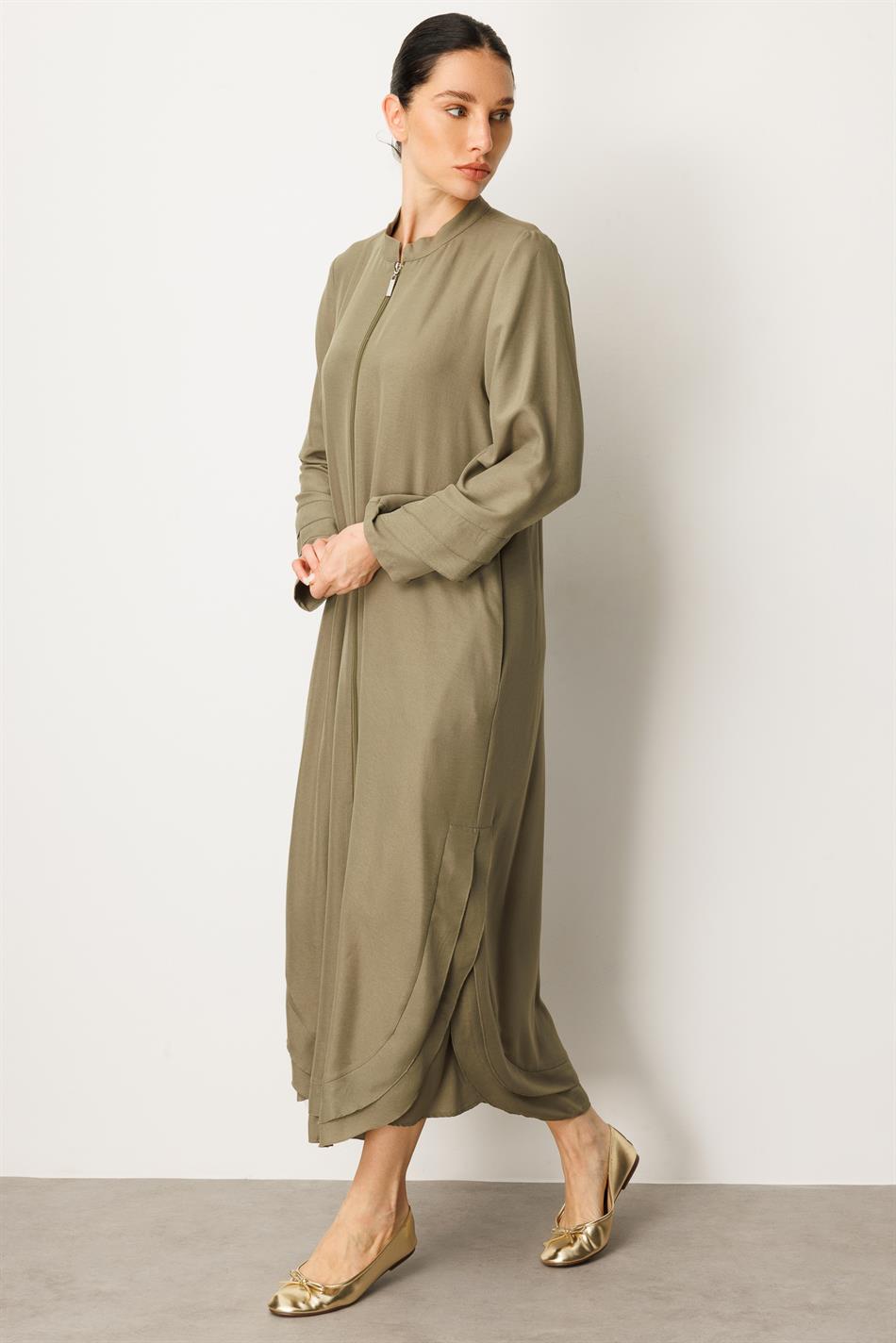 Lightweight, thin silk coat with chiffon and trim details - Khaki