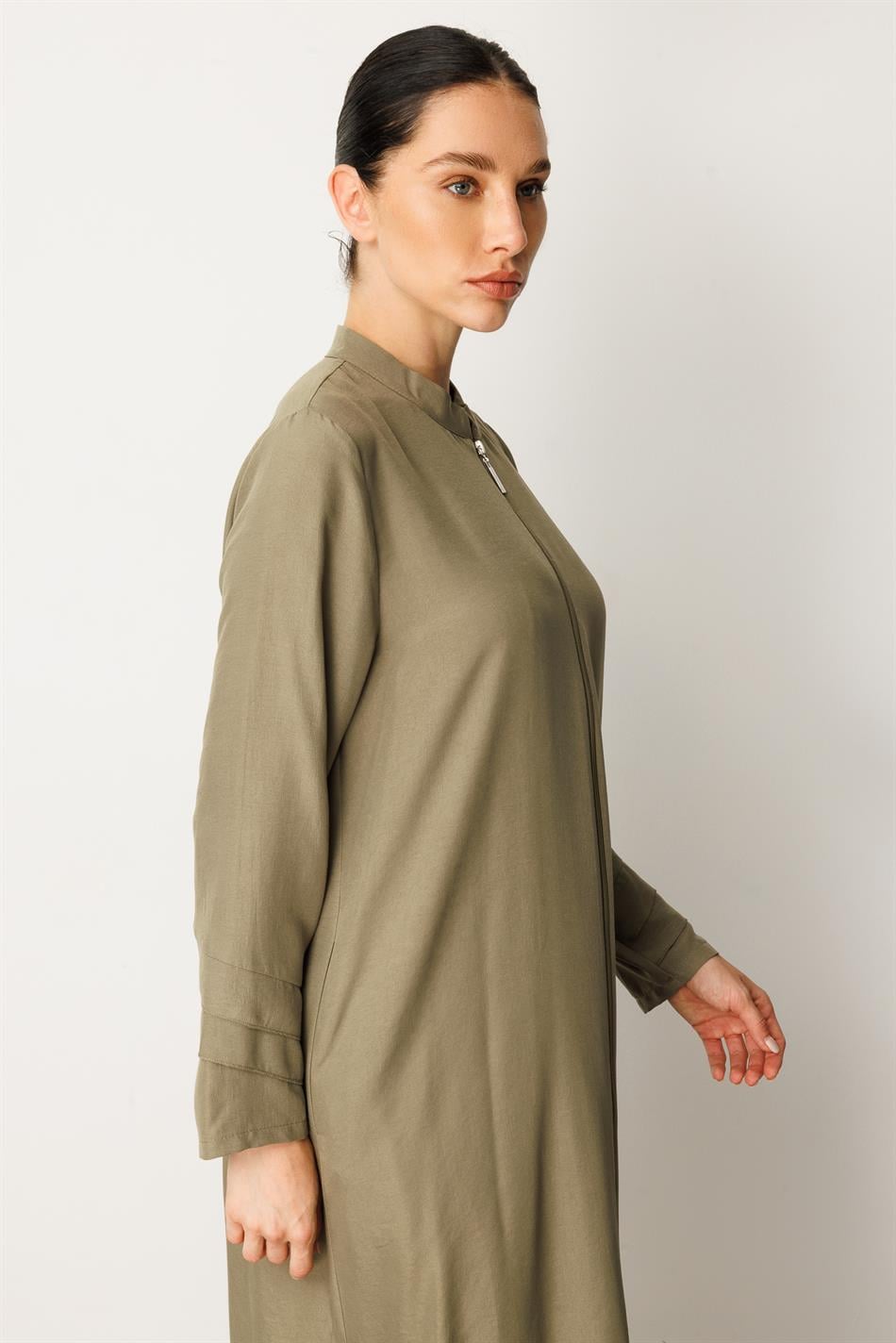 Lightweight, thin silk coat with chiffon and trim details - Khaki