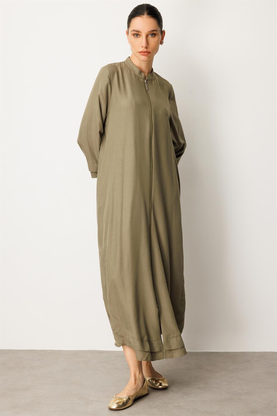 Lightweight, thin silk coat with chiffon and trim details - Khaki