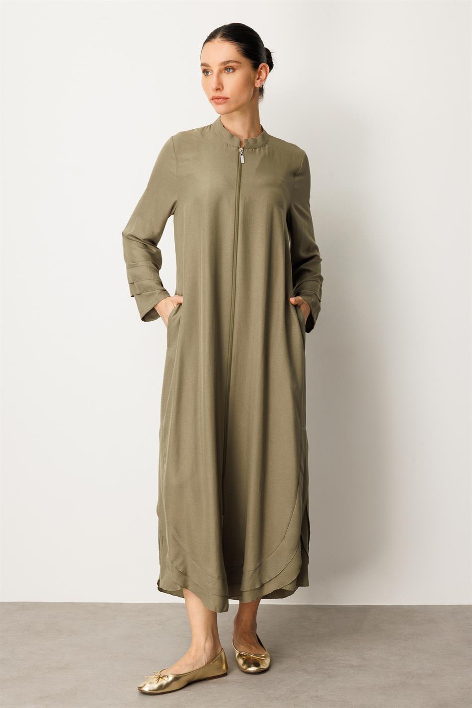 Lightweight, thin silk coat with chiffon and trim details - Khaki