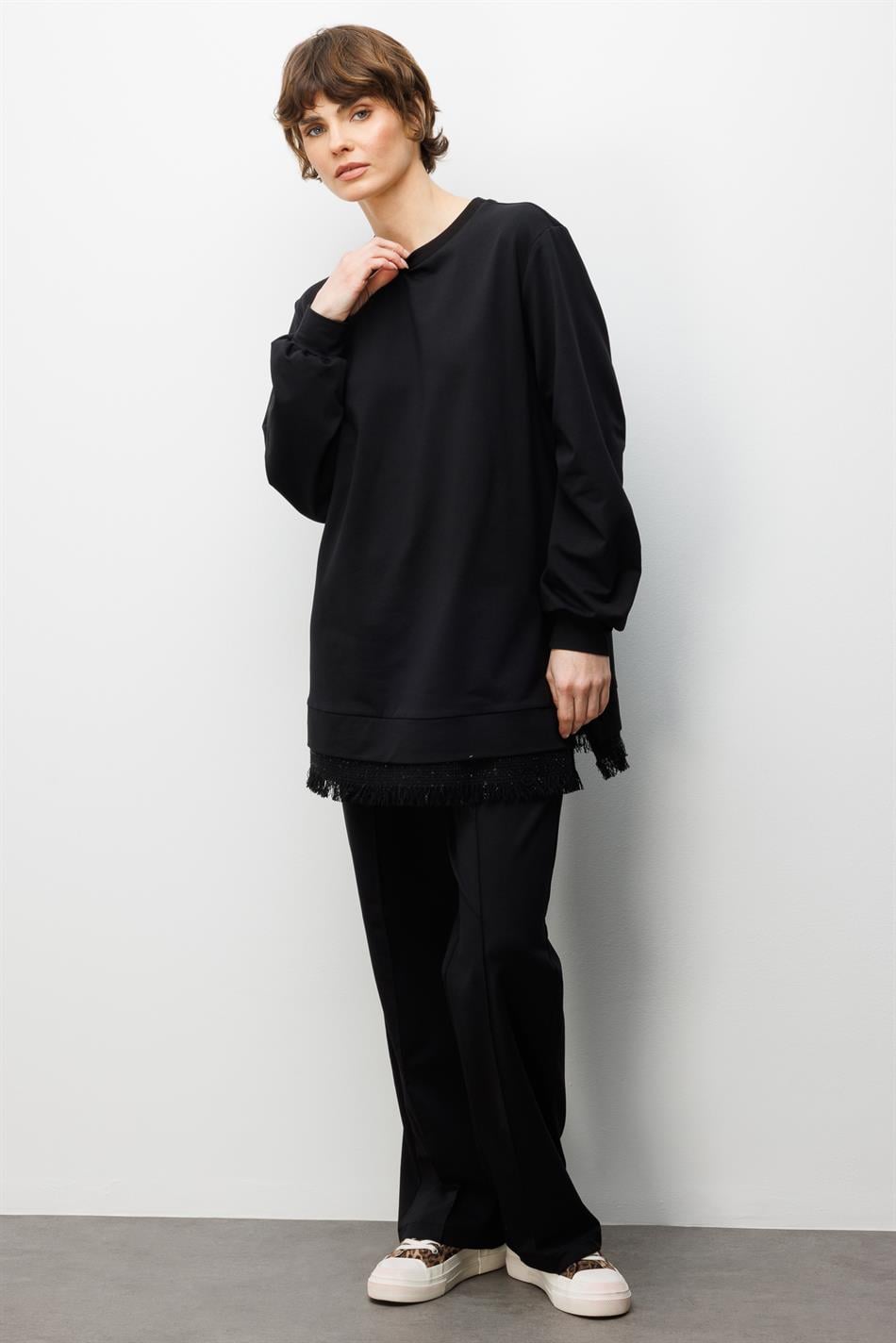 ŞNL Garni Detaylı Örme Pantolon Kombinli Takım-Siyah