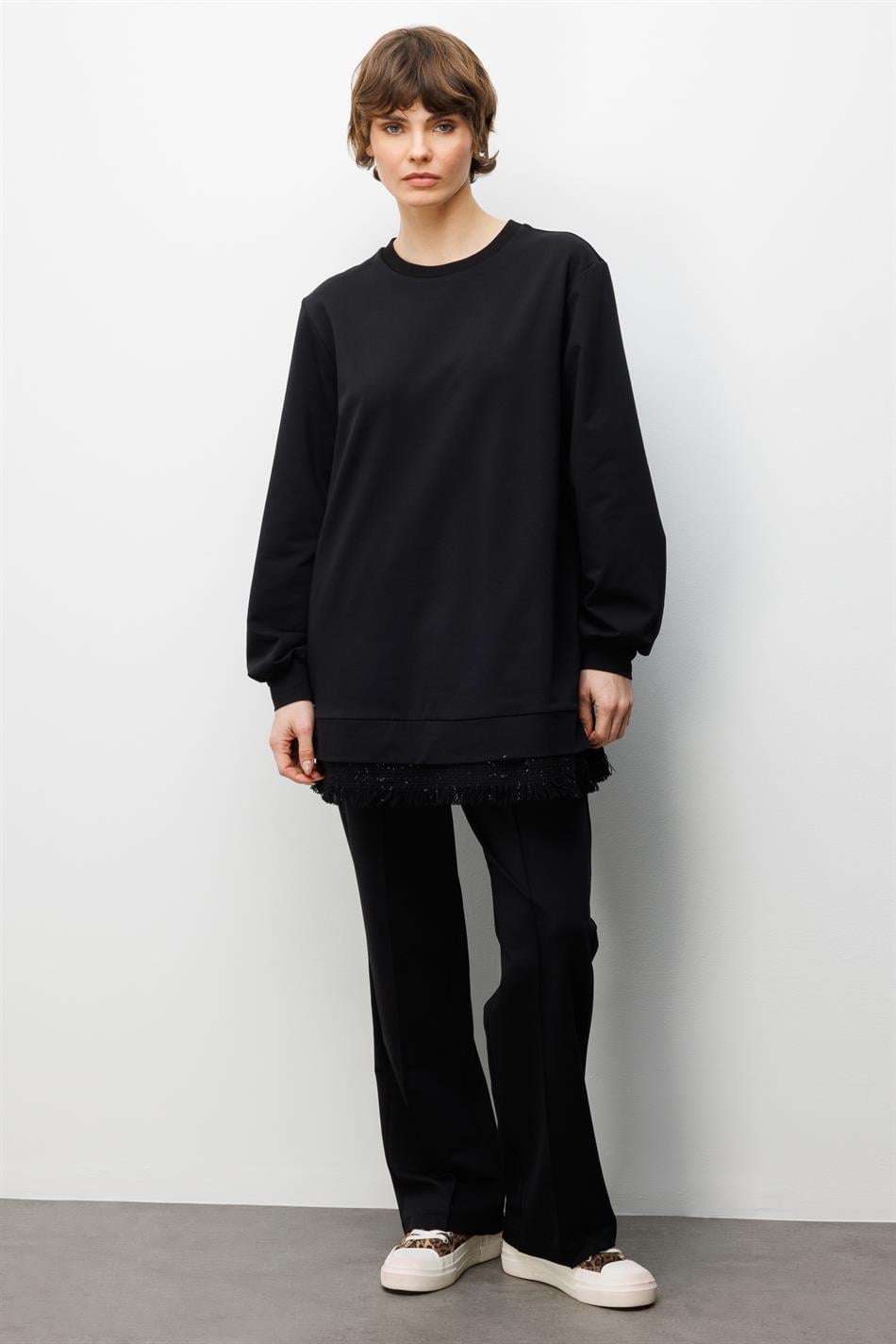 ŞNL Garni Detaylı Örme Pantolon Kombinli Takım-Siyah