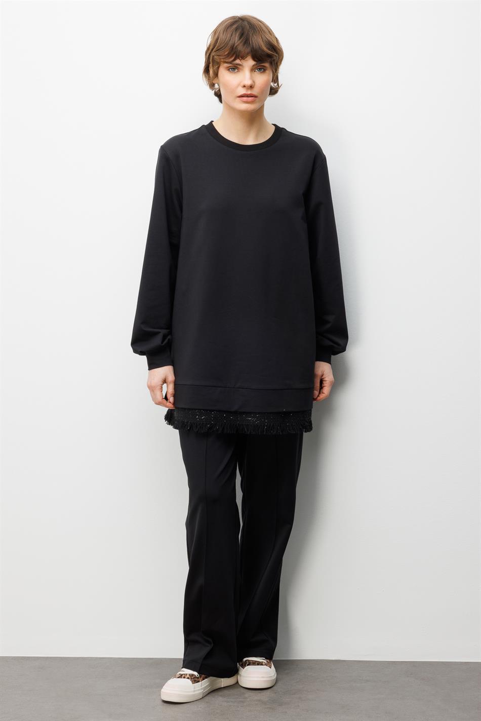 ŞNL Garni Detaylı Örme Pantolon Kombinli Takım-Siyah