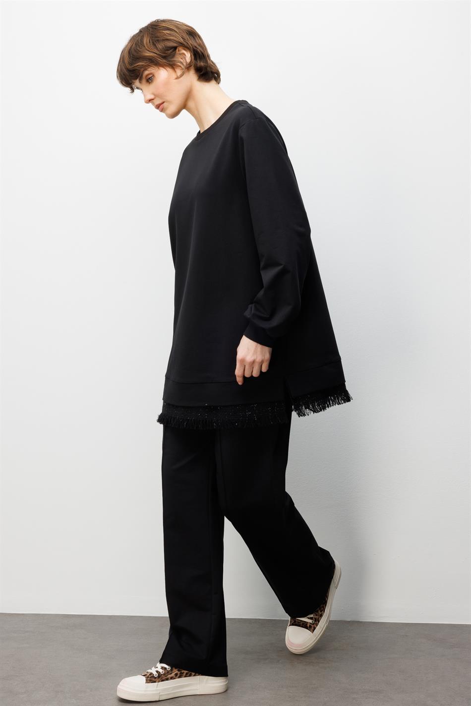 ŞNL Garni Detaylı Örme Pantolon Kombinli Takım-Siyah