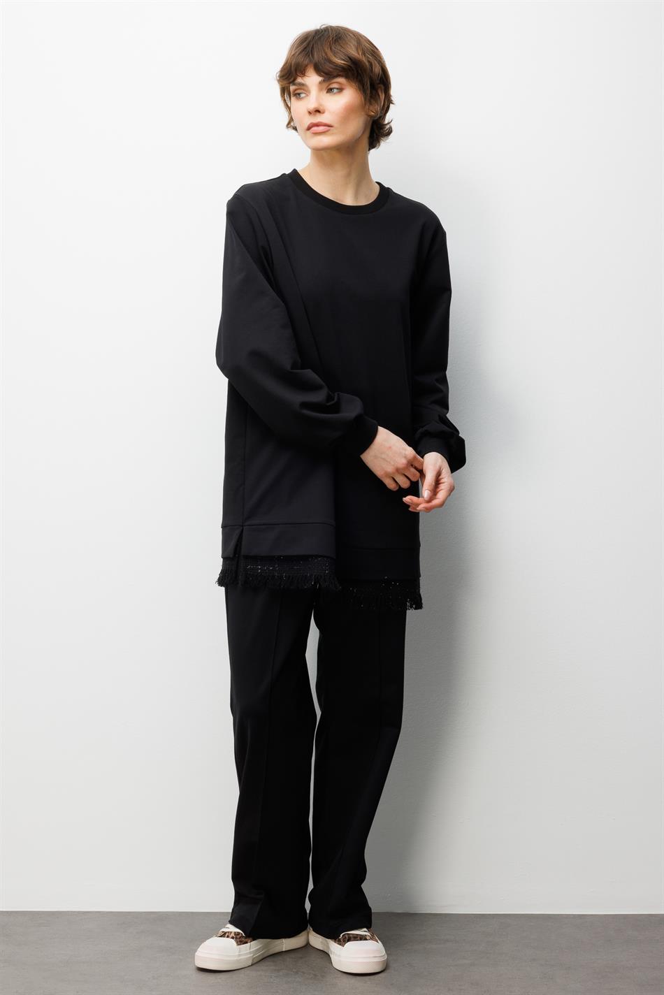 ŞNL Garni Detaylı Örme Pantolon Kombinli Takım-Siyah