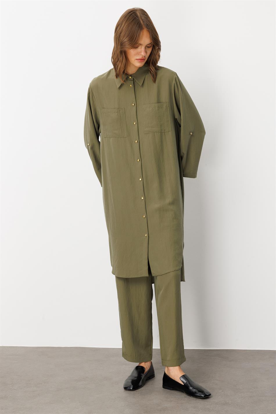 Yumşaq Modal (75% Miselyar) Tunika və Şalvar Dəsti - Xaki