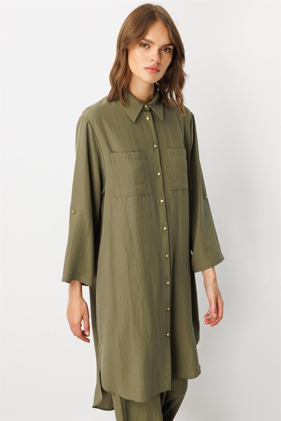 Yumşaq Modal (75% Miselyar) Tunika və Şalvar Dəsti - Xaki