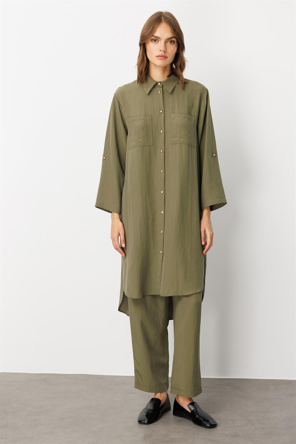 Yumşaq Modal (75% Miselyar) Tunika və Şalvar Dəsti - Xaki