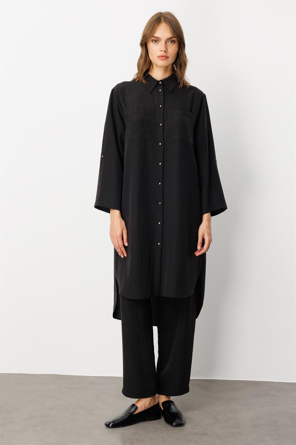 Yumşaq Modal (75% Miselyar) Tunika və Şalvar Dəsti - Qara