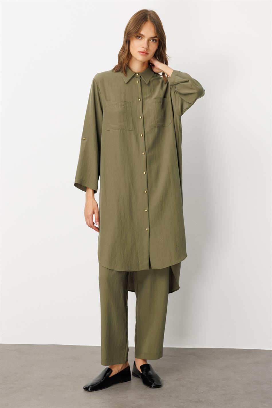 Yumşaq Modal (75% Miselyar) Tunika və Şalvar Dəsti - Xaki