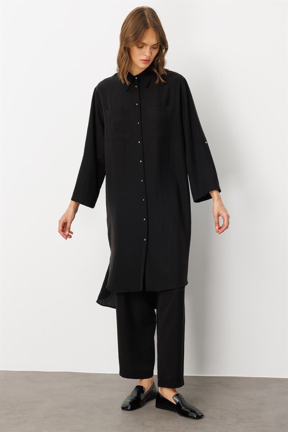 Yumşaq Modal (75% Miselyar) Tunika və Şalvar Dəsti - Qara