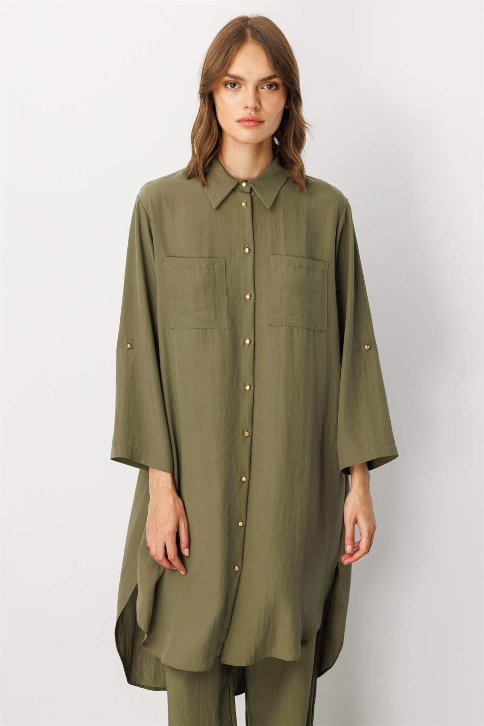 Yumşaq Modal (75% Miselyar) Tunika və Şalvar Dəsti - Xaki