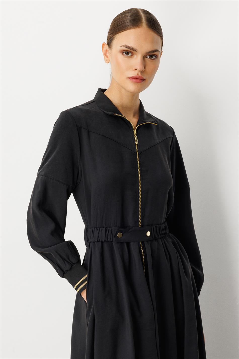 Abaya-Kleid aus weichem Modal (90 %) mit Reißverschluss – Schwarz