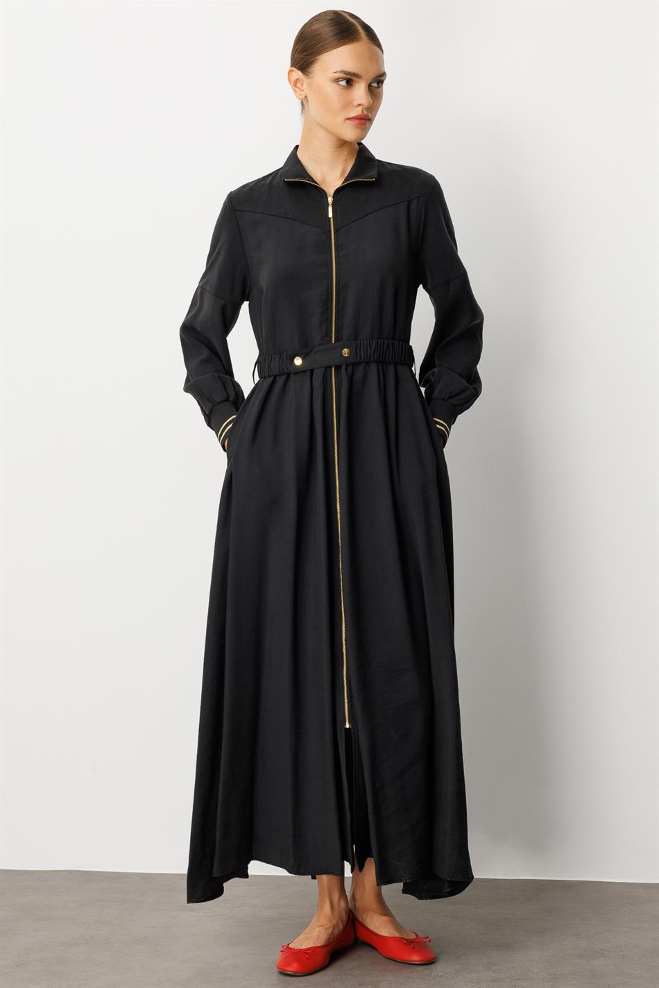 Abaya-Kleid aus weichem Modal (90 %) mit Reißverschluss – Schwarz